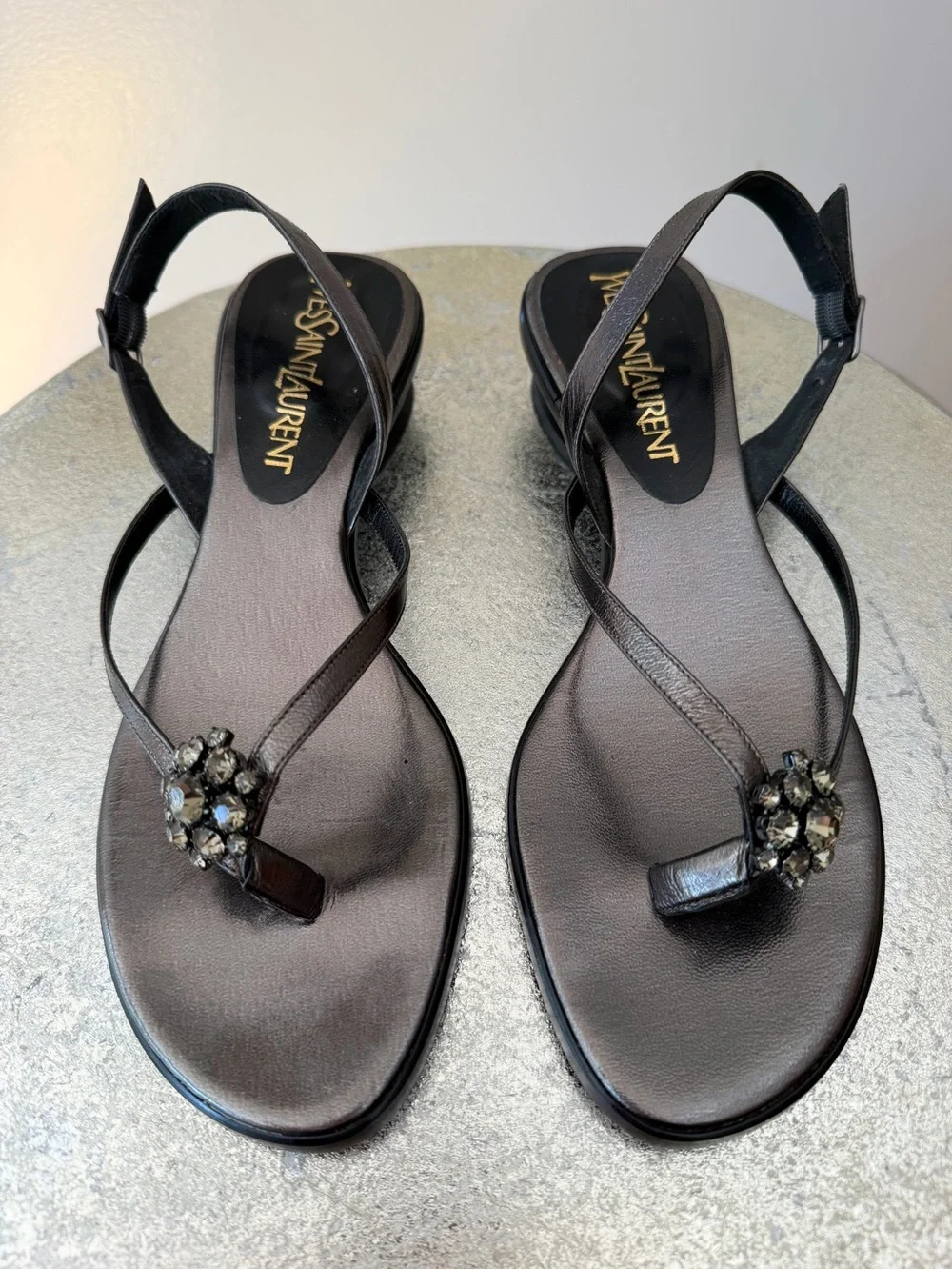 Yves Saint Laurent Black Jeweled T-Strap Slingback Sandals - Picture 5 of 7